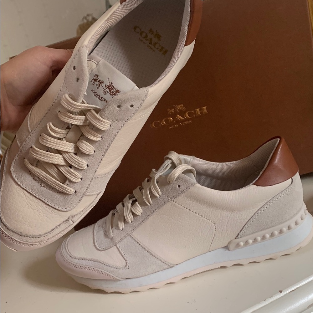Coach Moonlight Cream and Brown Sneakers with Textured Leather and Studs NEW
